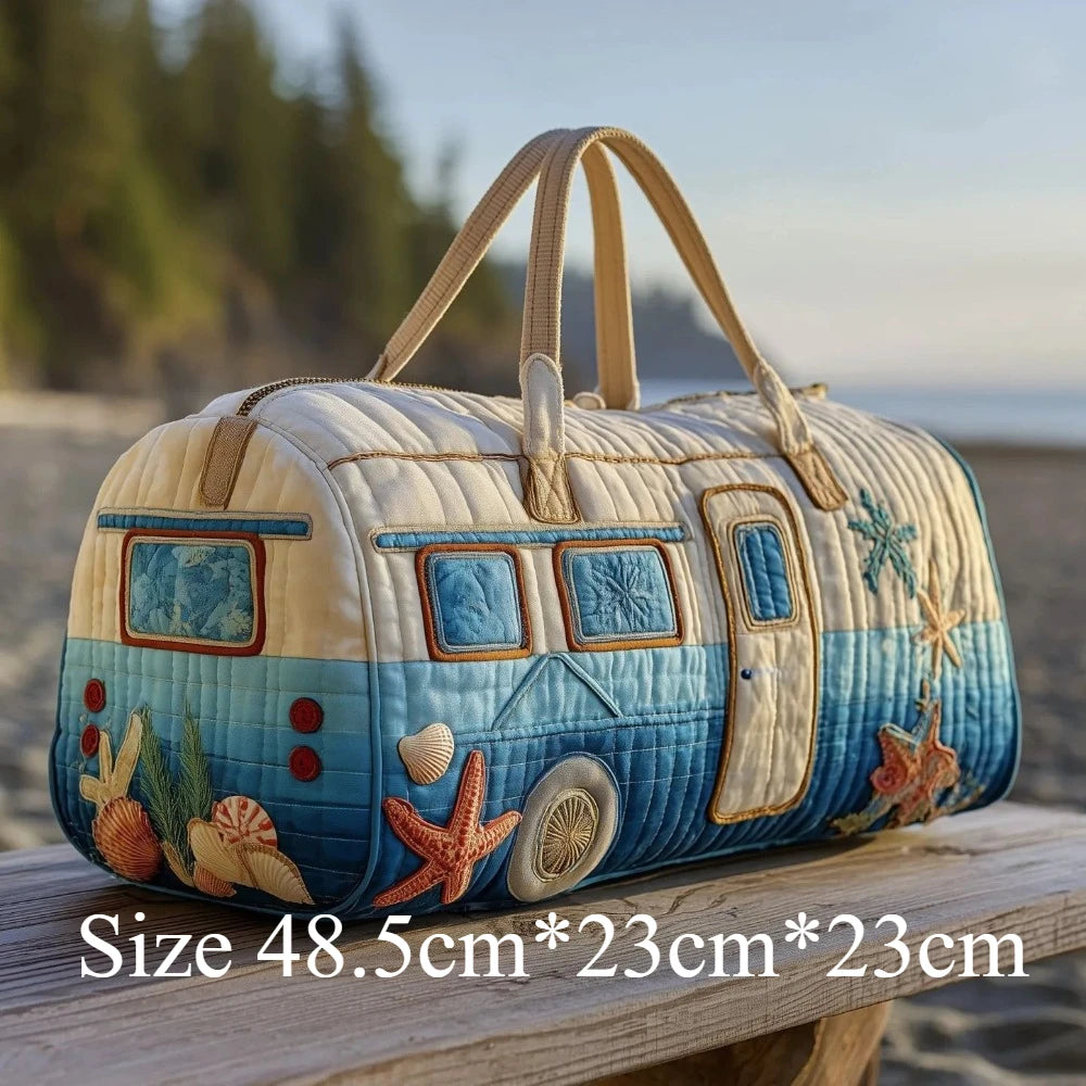 3D Printed Quilted Travel Handbag Camper Van Design with Sea Shell Starfish Lightweight Weekender Vacation Carry-On Duffel Bag