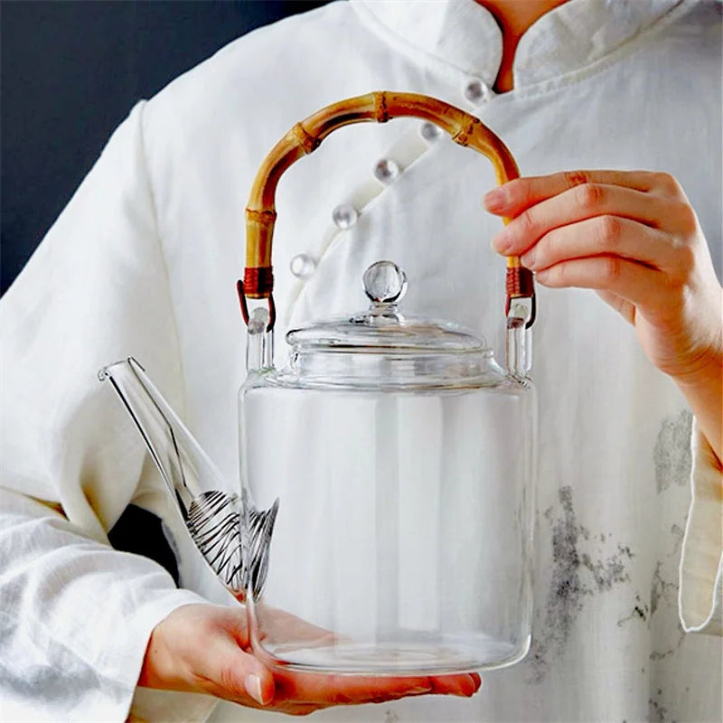 1350ml Bamboo Handle Beam Tea Pot Heat Resistant Glass Teapot With Filter Flower Tea Kettle Kungfu Lifting Beam Tea Pot Teaware