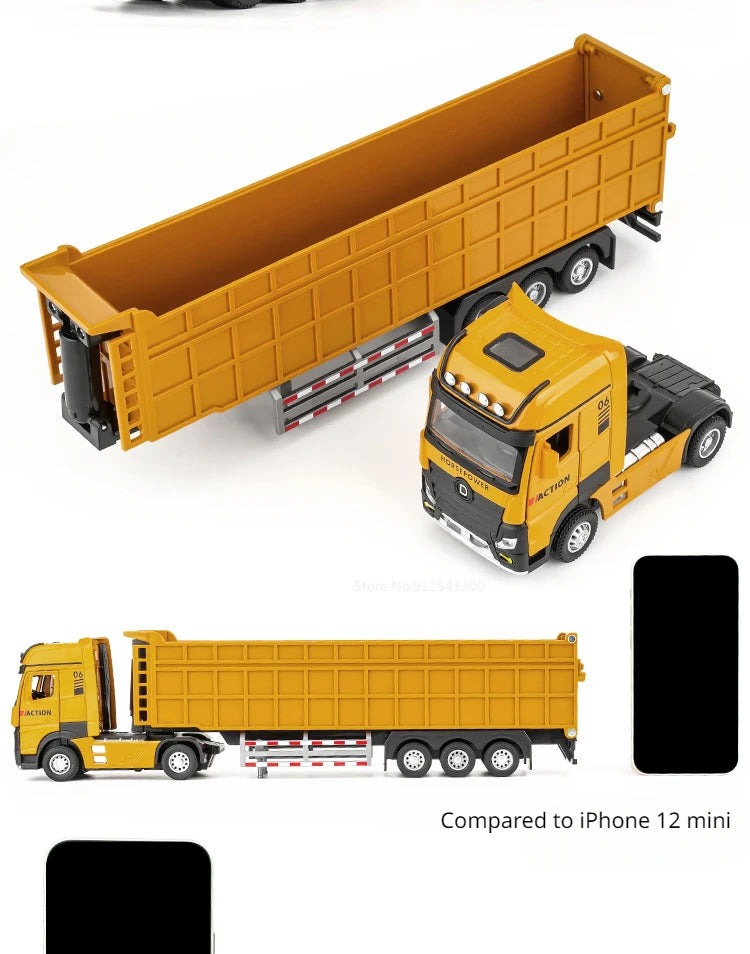 1/50 Extended Dump Truck Model Toy Metal Diecasting Doors Opened Sound Light Pull Back Vehicle Models Ornaments 's Gifts