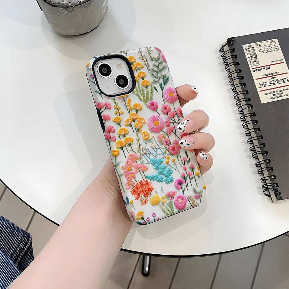 Wildflower Boho Embroidery Effect Flower Case for iPhone 16 15 Pro Max 14 Plus Protective 2 in 1 Double Deck Cover