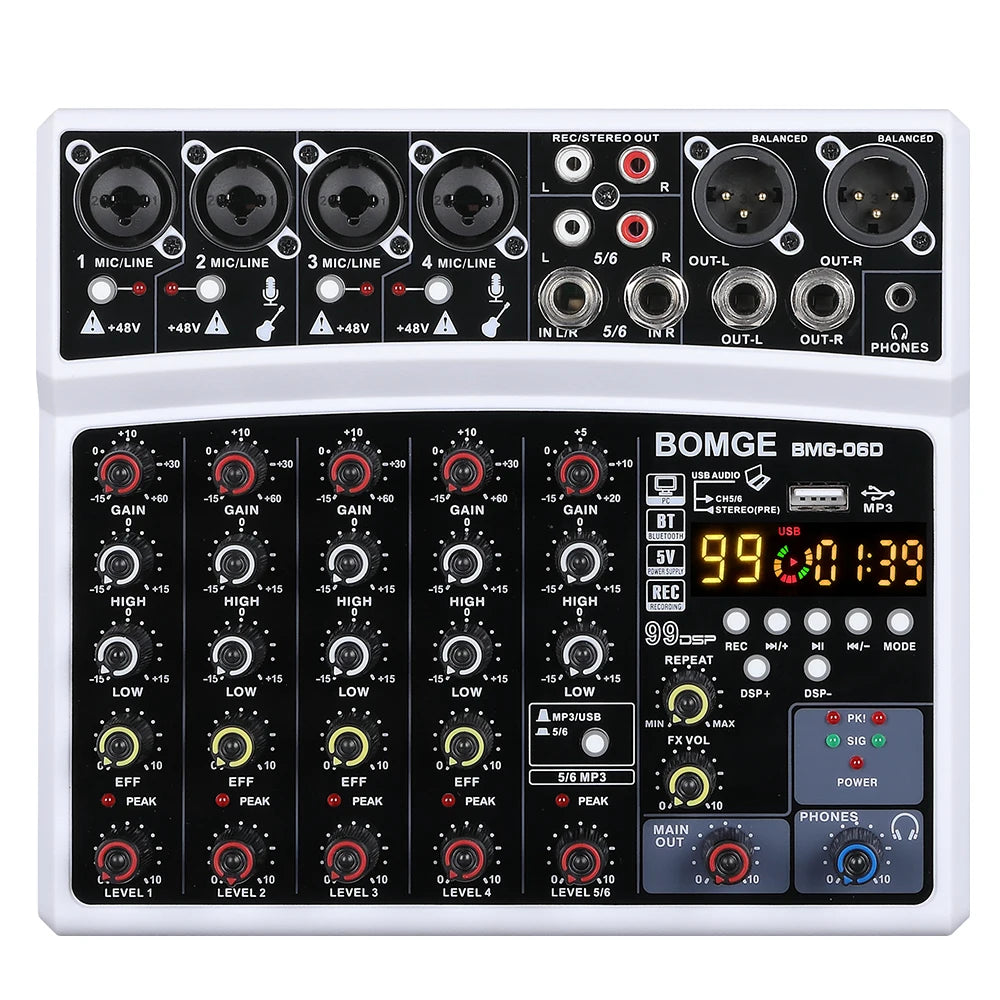 6 Channel Audio Mixer Console with USB Bluetooth 99 DSP Effects and 48V Phantom Power