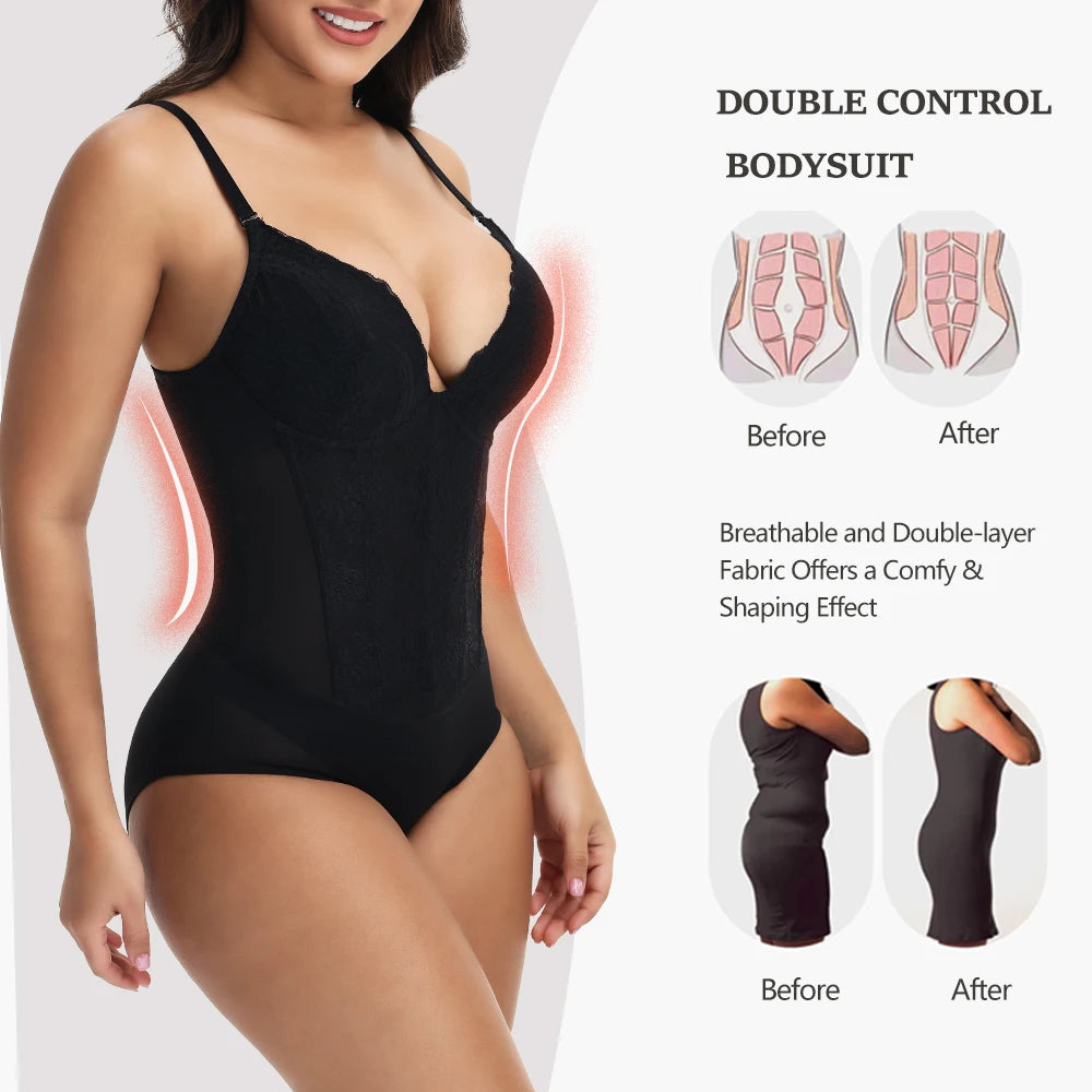 Lace Bodysuit for Women – V-Neck Backless Tummy Control Shapewear