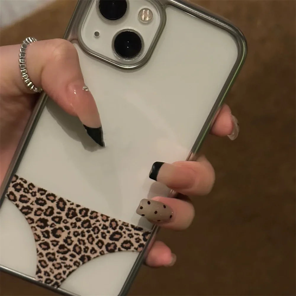 Funny Leopard Prints Panties Clear Phone Case For iPhone 16 15 13 14 Pro Max INS Creative Plating Frame Soft Silicone Cover