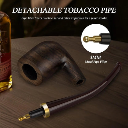 Handmade Pipe, Ebony Wood Pipe Kit with Replaceable Long Pipe Stem,4-in-1 Pipe Stand Holder, Pipe Gift Box