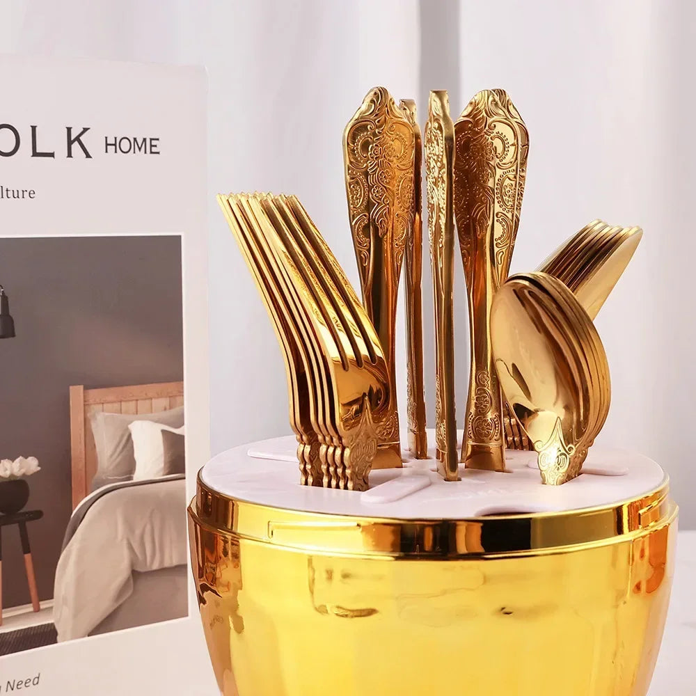 Luxury Spoon and Fork Set Stainless Steel Gold Cutlery Set Food Grade Upscale Royal Tableware European Steak Knife Kitchen Items