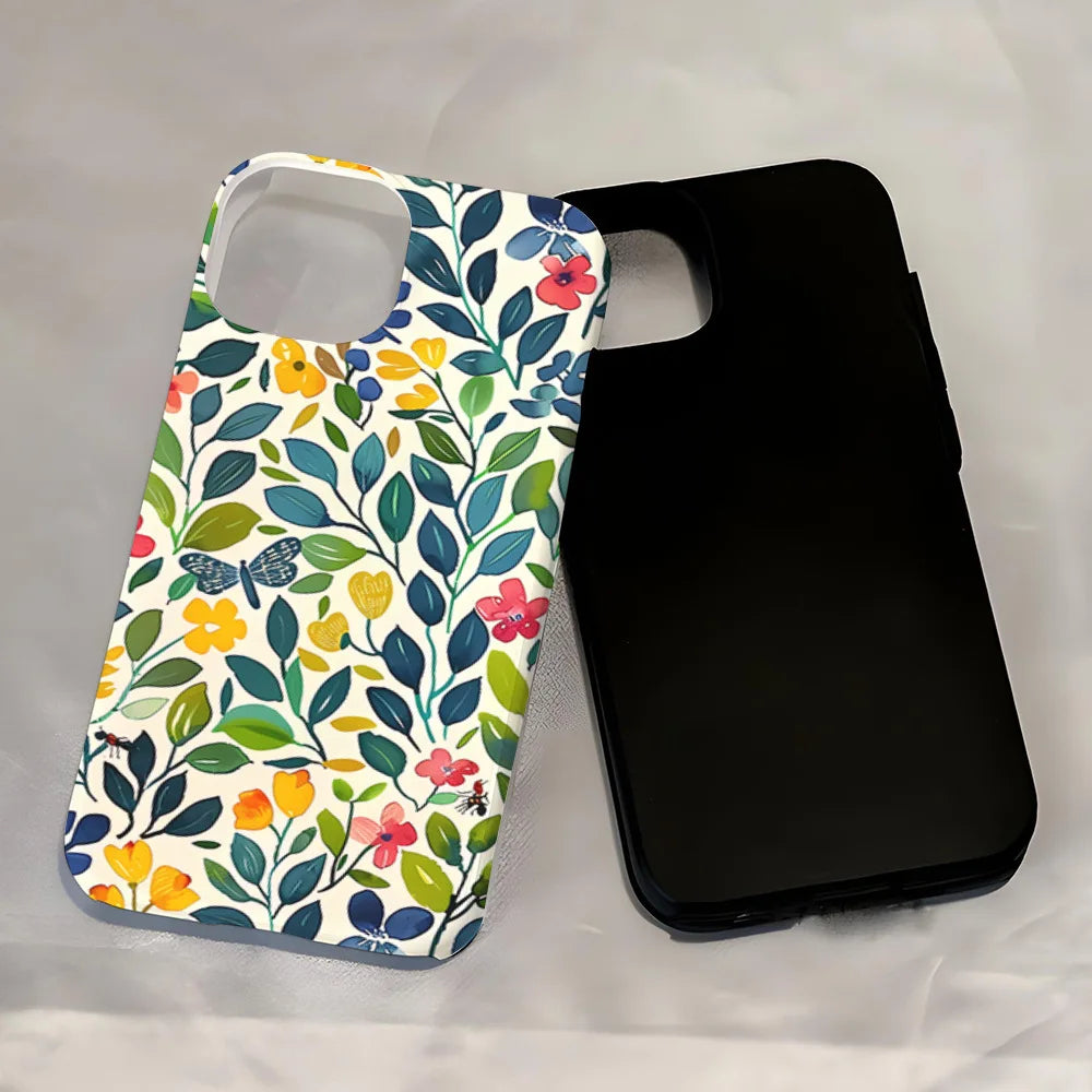 Flower Flora Green Leafs 2 in 1 Phone Case for iPhone 16 15 Pro Max 16 Plus Double Deck Shockproof Protective Cover