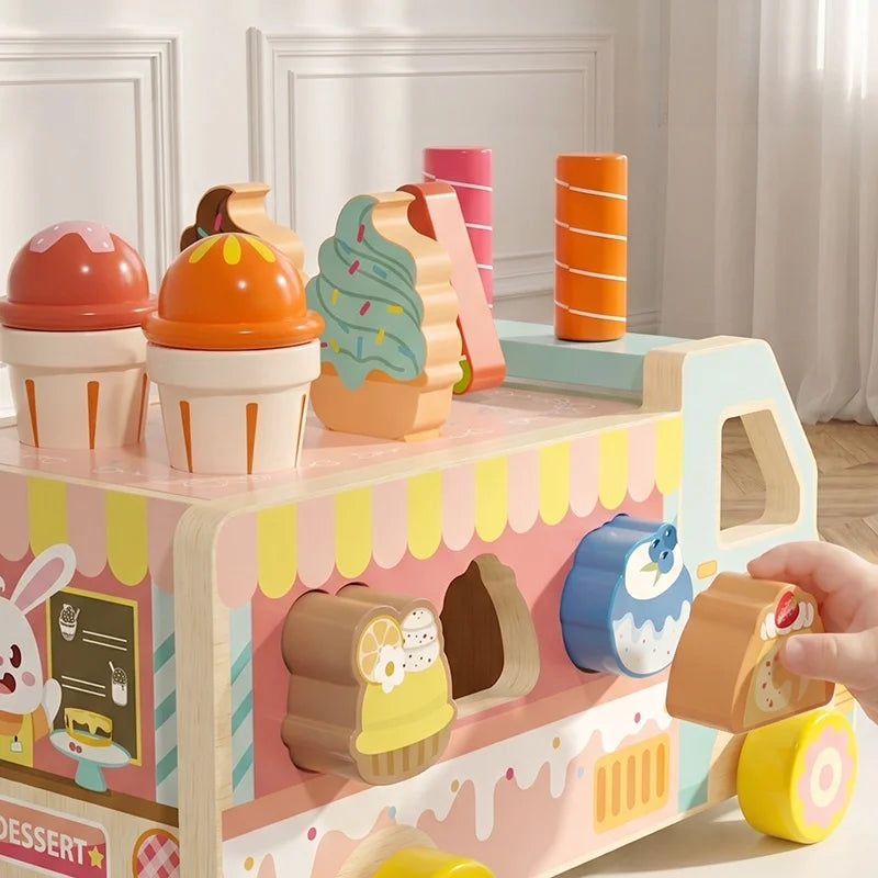 Wooden Rabbit Ice Cream Truck Shape Sorter and Pretend Play Toy