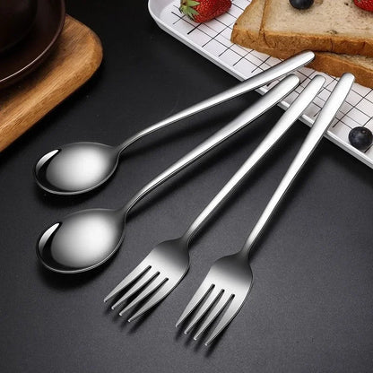 Silver Stainless Steel Tableware Set Korean Style Large Long Handle Soup Spoon Fruit Salad Fork Kitchen Home Flatware Utensils