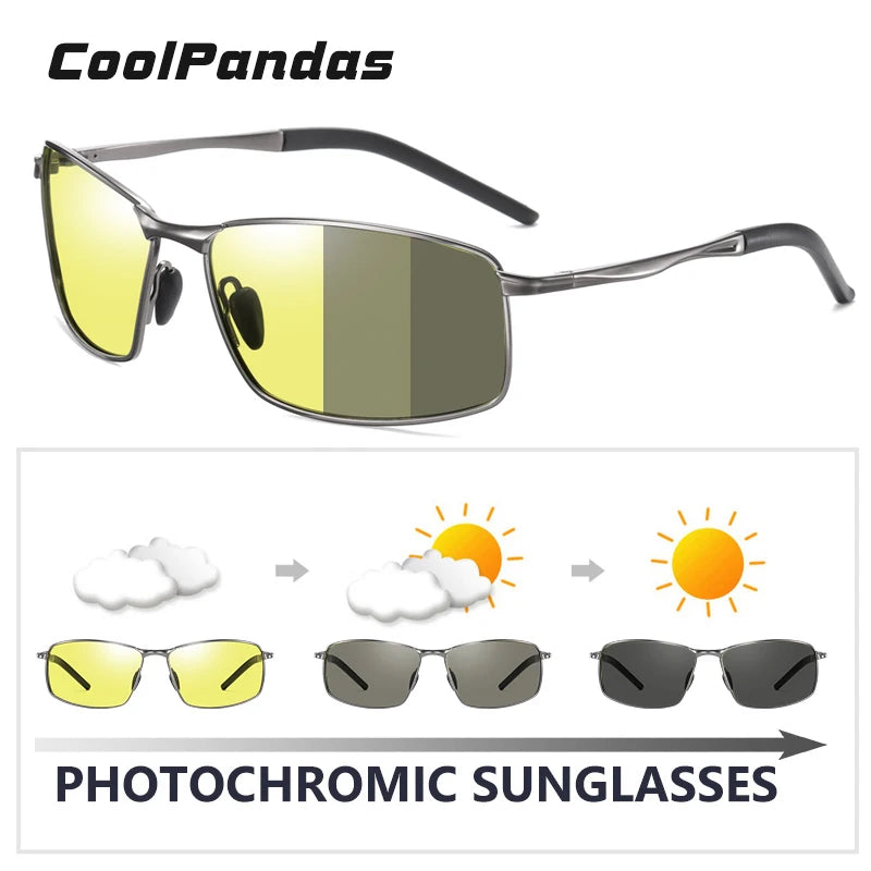 Photochromic Polarized Aluminum Metal Square Sunglasses for Men Driving Glasses