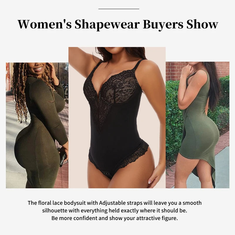 Lace Mesh Bodysuit for Women Tummy Control Shapewear V Neck Body Shaper Fajas Thongs Bustier