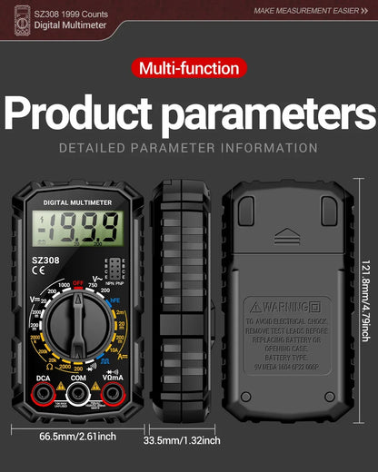 Square Wave Digital Tester 1999 Counts HFE Triode Buzzer Multimeter AC/DC Voltage 10A Current Multimeters Meter Tool