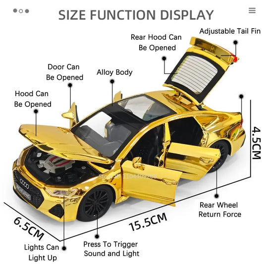1:32 Scale RS7 RS6 Sports Car Toy Model Light Sound Pull Back Diecast Metal Miniature Vehicles Models Desktop Ornaments