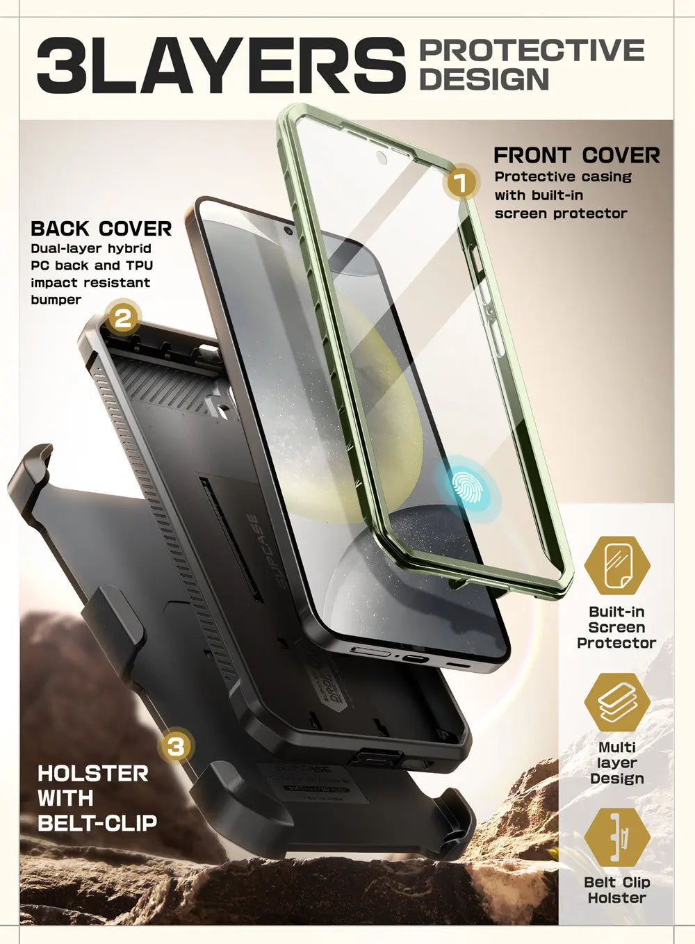For Samsung Galaxy S25 Case UB Pro Heavy Duty Rugged Phone Case with 2 Front Frame Built-in Screen Protector & Kickstand