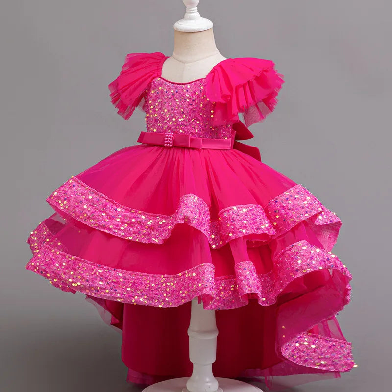 Sparkling Girls' Evening Gown - Sequin Dress with Train for Birthday Party & Piano Recital