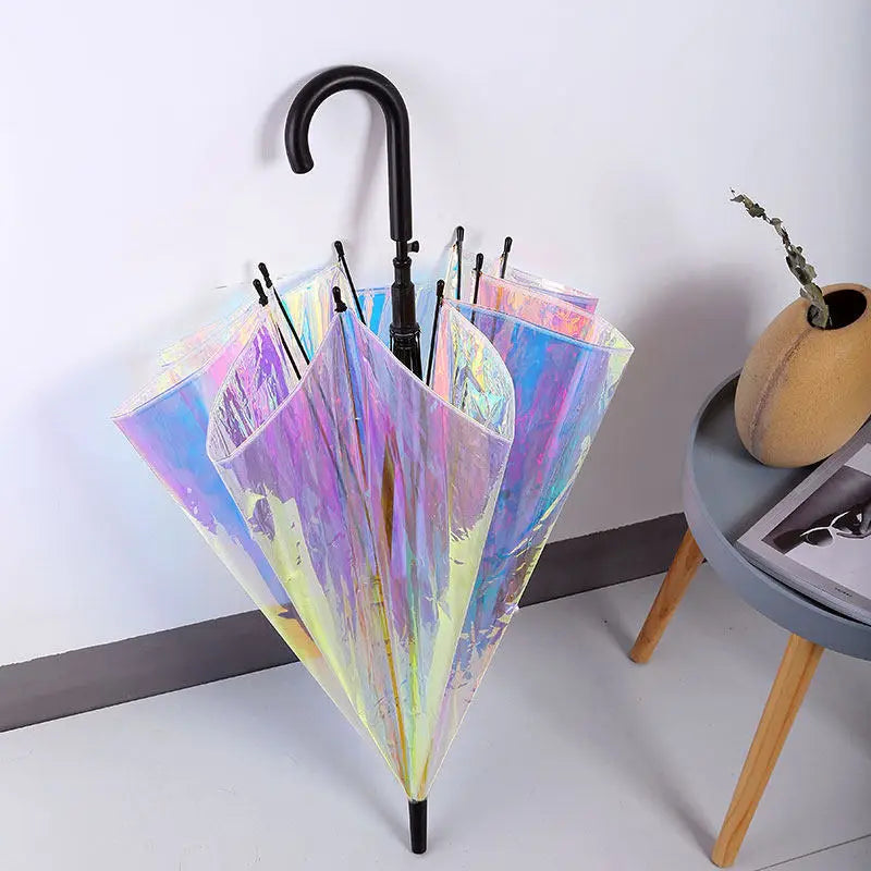 Light Luxury Transparent Rainbow Laser Color Changing Windproof Long Handle Umbrellas Reinforced Sun Rain Gear