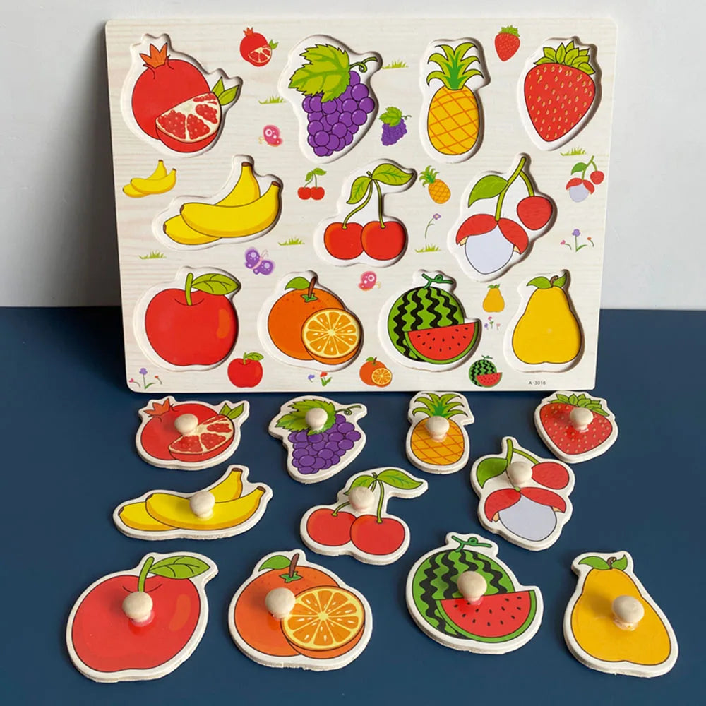 Montessori Wooden Puzzles Hand Grab Boards Toys Tangram Jigsaw  Educational Toys Cartoon Vehicle Animals Fruits 3D Puzzles
