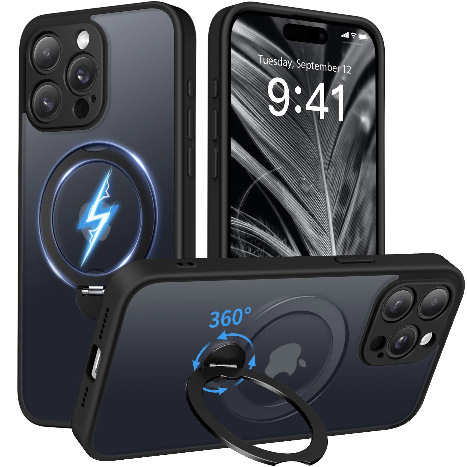 360° Rotating Metal Ring Stand Magnetic Case for iPhone 15 Pro Max with Lens Protector Magnetic Wireless Charging Matte Cover