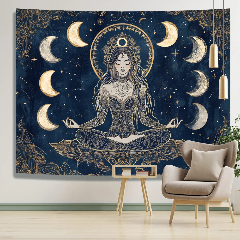 Moonlight Witch Meditation Tapestry Starry Moon Meditation Space Bohemian Style Bedroom & Living Room Decor