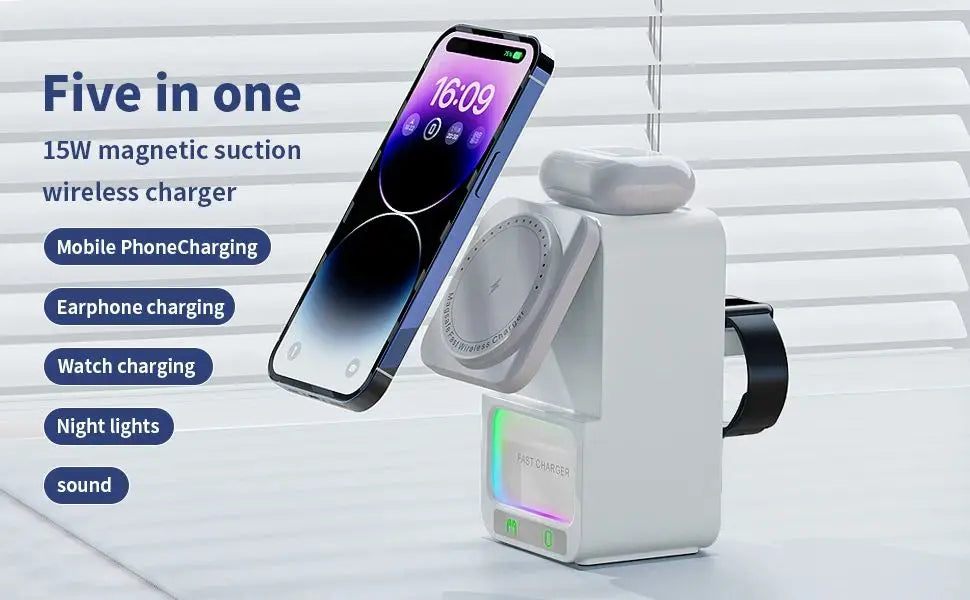 Bluetooth speaker charger with five in one speaker and wireless fast charging suitable for Apple Aeries phones/headphones/watche