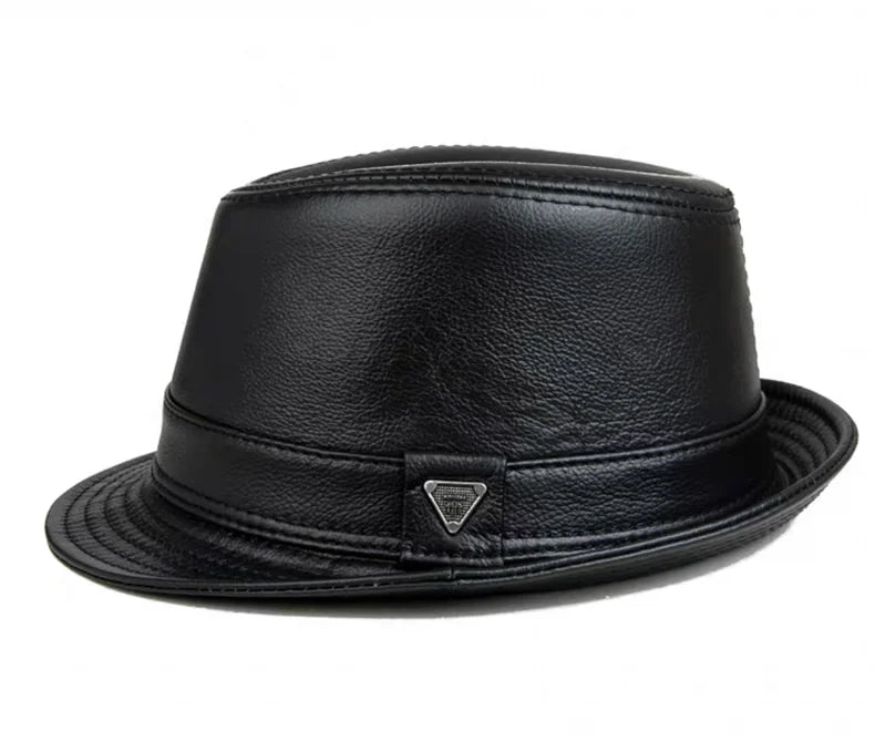 Man High Quality Genuine Leather Jazz Fedora Gentleman Cow Skin Short Brim Fitted Top Hat Male Shows