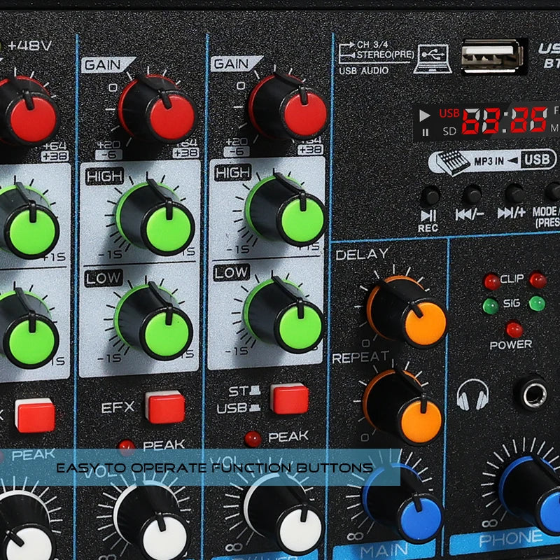 4 Channel DJ Audio Mixer With Bluetooth USB And 48V Phantom Power