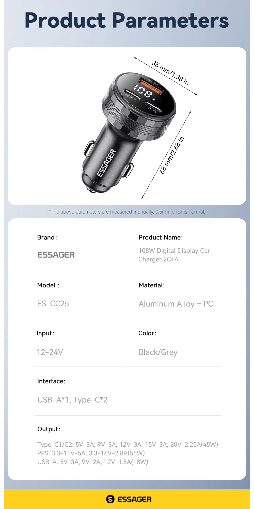 108W USB C Car Charger 3 Ports PD 3.0 Fast Charging Digital Display Dual Type C + USB Adapter