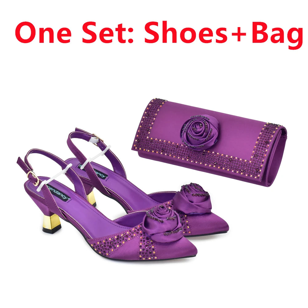 Italian Wedding Matching Shoes and Bags Decorated with Handmade Flowers Diamonds Pointed Toe Women Pumps with Purse