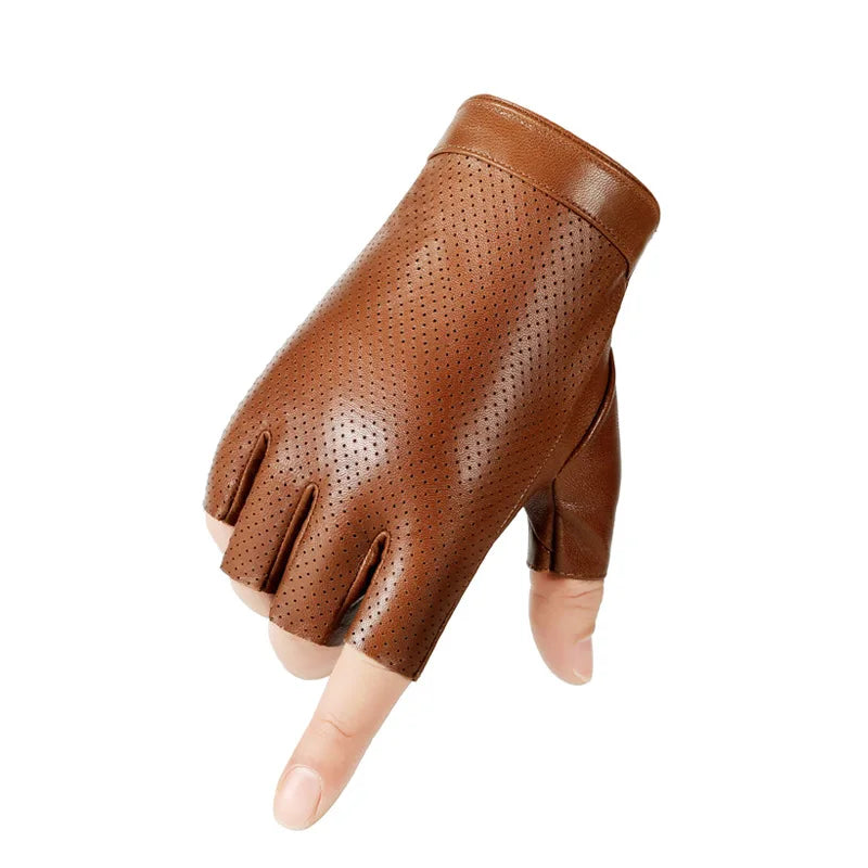 Mens Sheepskin Half Finger Gloves For Fitness Driving High Quality Genuine Leather Gloves Fingerless Brown Driver Sports Motorcy