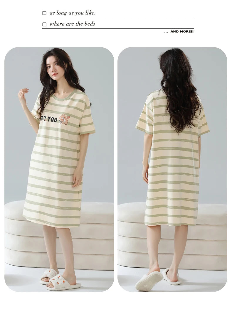 Women’s Cotton Nightgown – Korean Style Cute Print, Summer Short Sleeve Sleepwear Dress