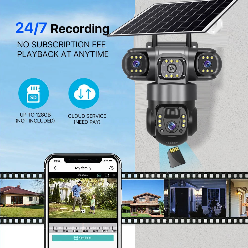 Solar Camera With 4G Sim Outdoor 3 Lens 3 Screen 10X Zoom PIR Human Detect Cam Waterproof Night Vision CCTV Security Protection