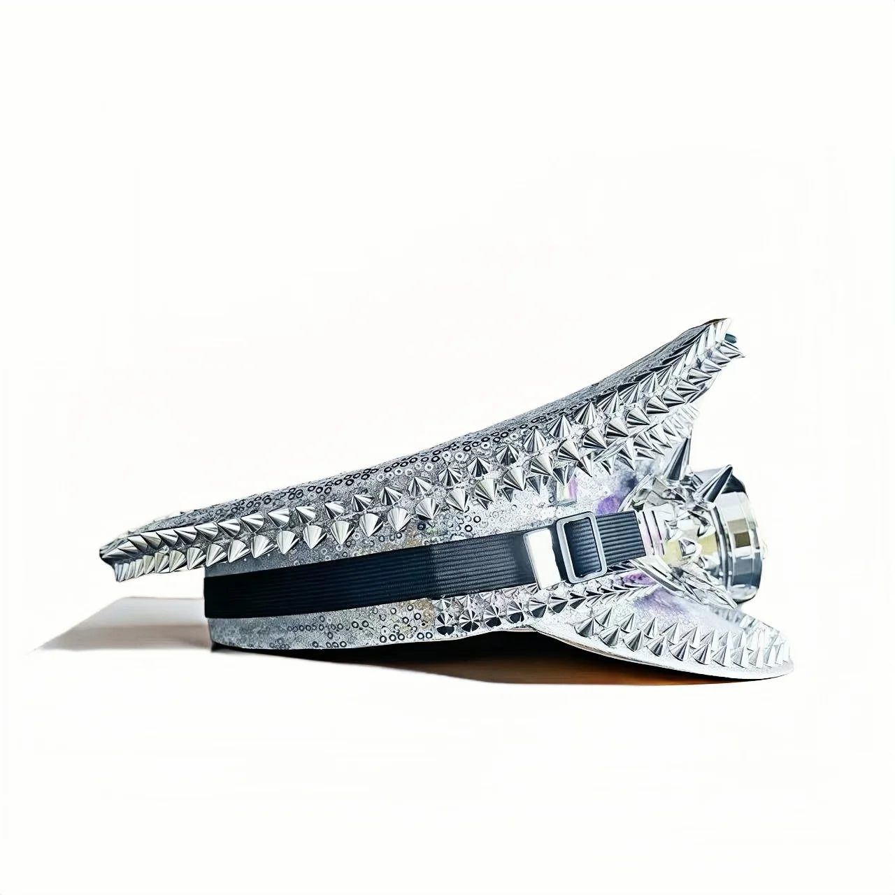 Silver Steampunk Captain Hat Rivet Rhinestone Goggles Masquerade Military Cap Women Sequin Music Festival Handmade Unisex Adult