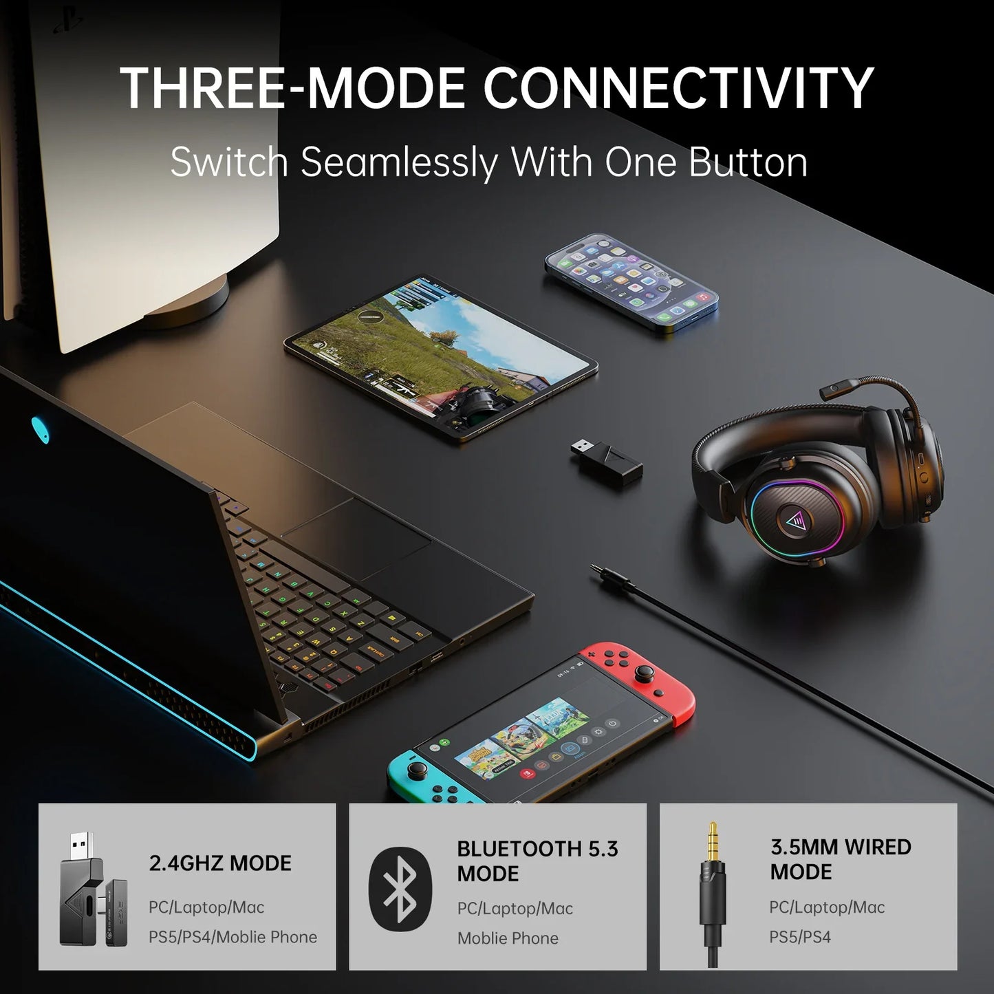 EKSA MaKo BT Bluetooth Gaming Headset Over Ear 2.4GHz Wireless Headphones Gamer 20ms Low Latency With Mic for PC/PS4/PS5