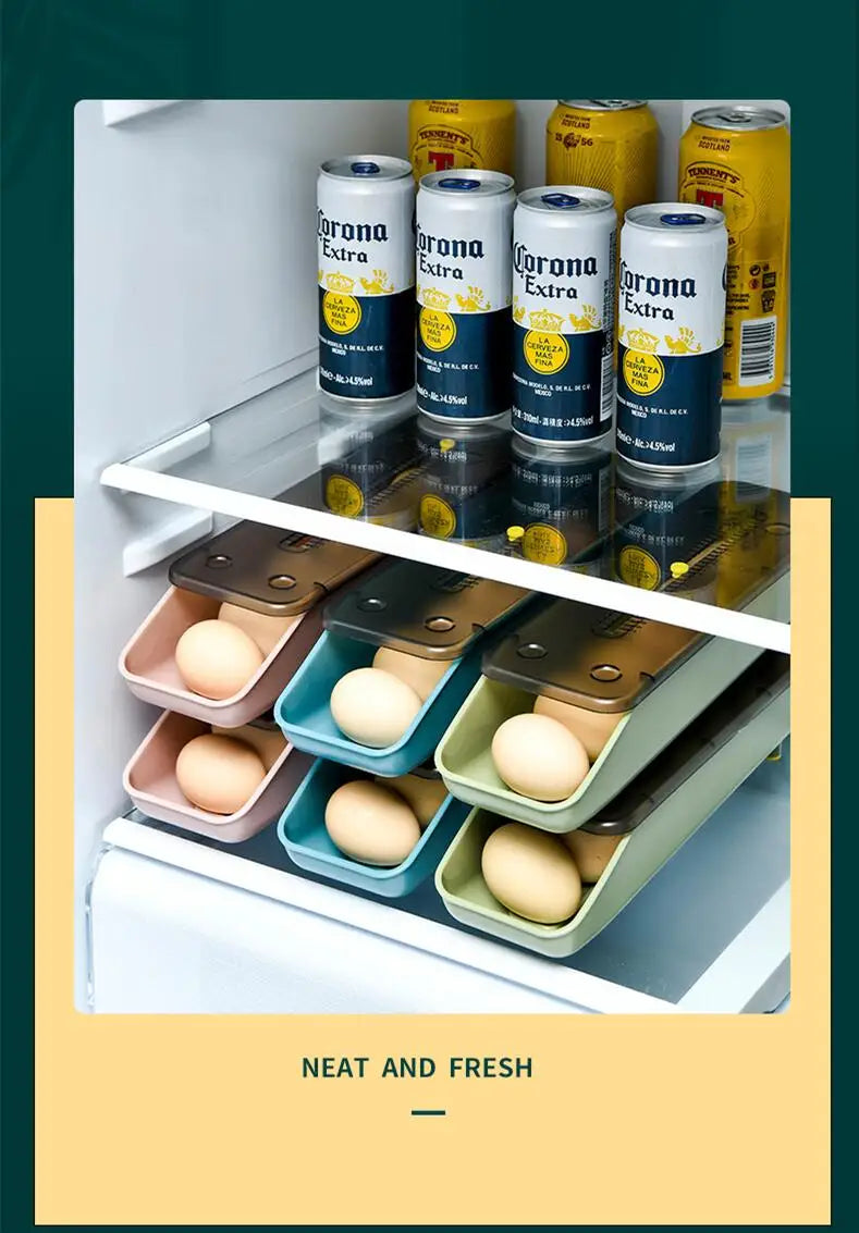 Automatic Rolling Egg Storage Box – Plastic Refrigerator Egg Holder Tray Kitchen Storage Container