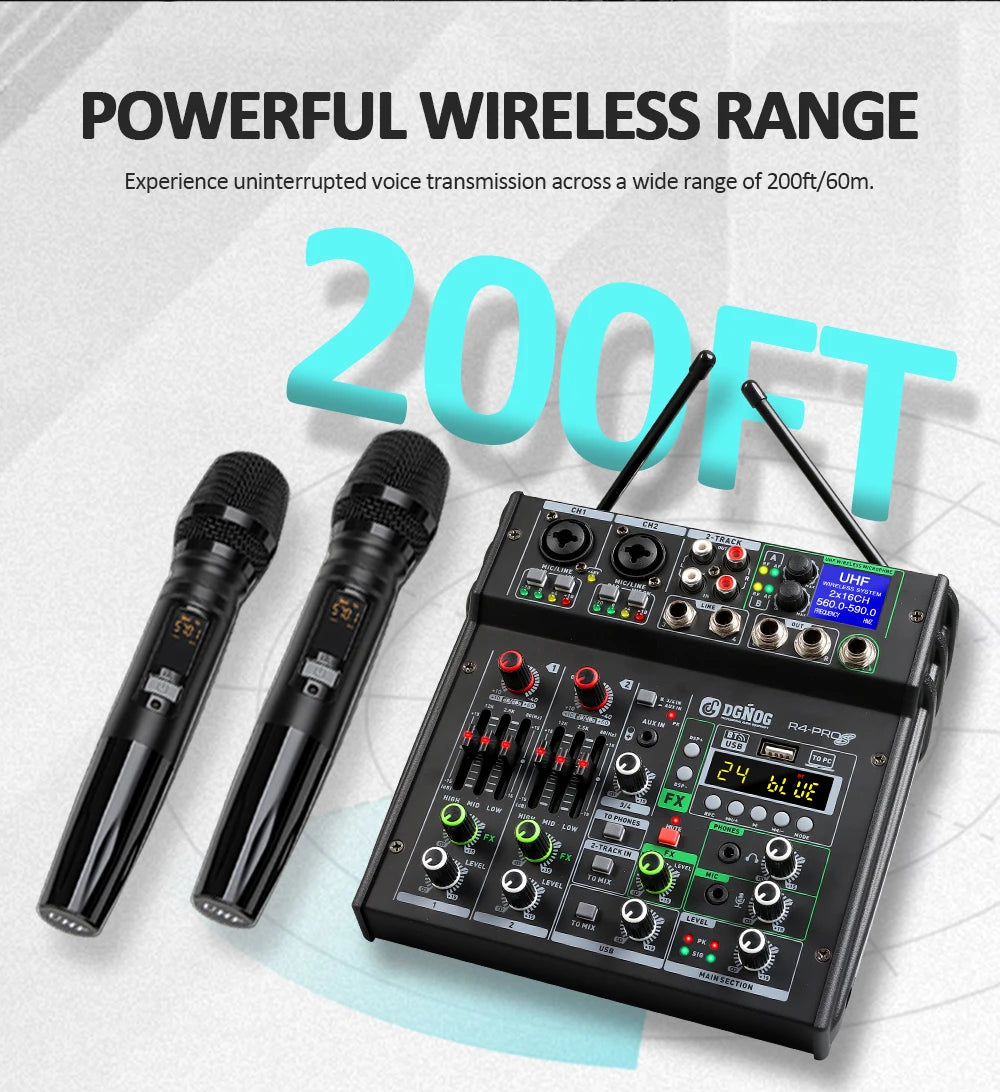 DGNOG Dual UHF Wireless Microphone DJ Audio Mixer 4 Channel Mixer Karaoke Mixer USB Bluetooth for Computer Recording Studio