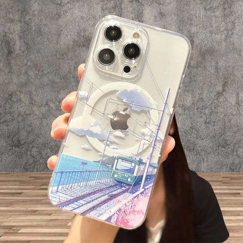 Hand Painted Anime Tram  Case for iPhone 16 15 14 Plus Magsafe Wireless Charge Cover