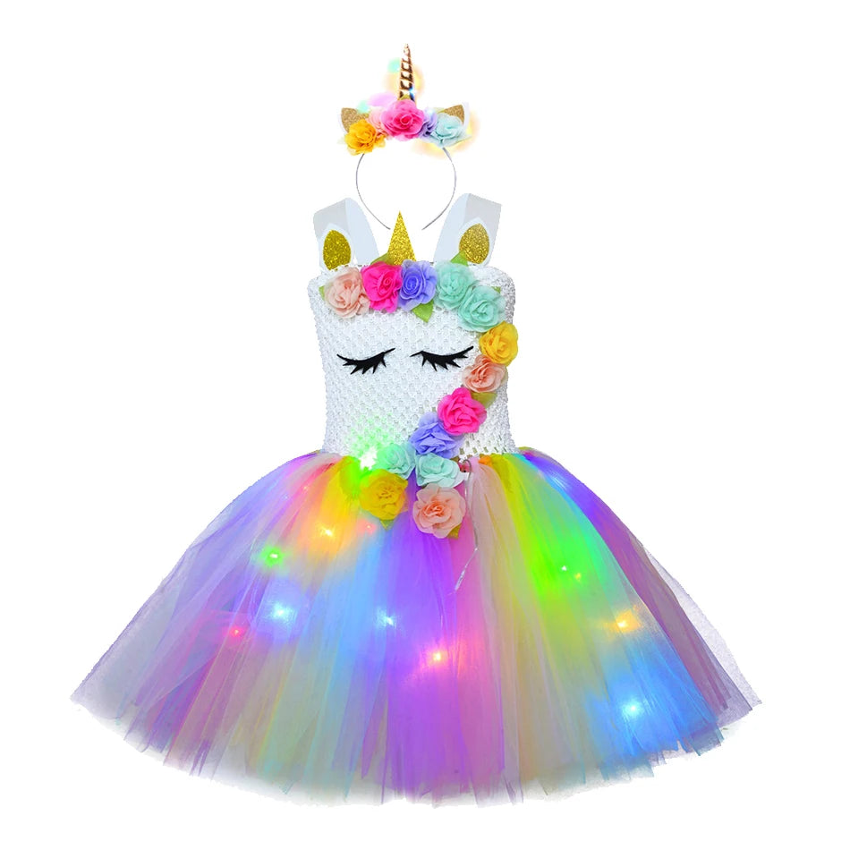 Girl Unicorn Dresses for Girls Tutu Princess Party Dresses with LED Lights Flower Birthday Party Cosplay Costume Girls Clothing