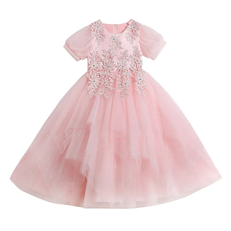 Girls Princess Ball Gown - Fluffy Tulle Party Dress for Flower Girl/Birthday/Pageant | Sparkly Puffy Sleeve Wedding Dress
