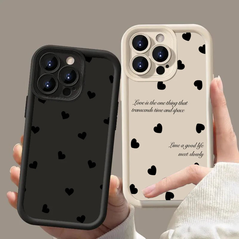 Black Love Heart Soft Matte Phone Case For iPhone 17 Air 14 Pro 16E Plus Cover For iPhone 15 16 17 Pro Max Cases