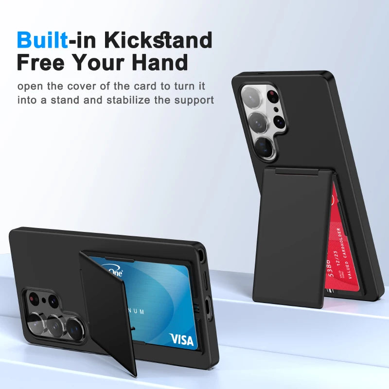 Luxury Solid Color Matte Wallet Card Slot Bracket Phone Case For Samsung S25 Ultra Edge S23 S24 Ultra Plus Bumper Back Cover