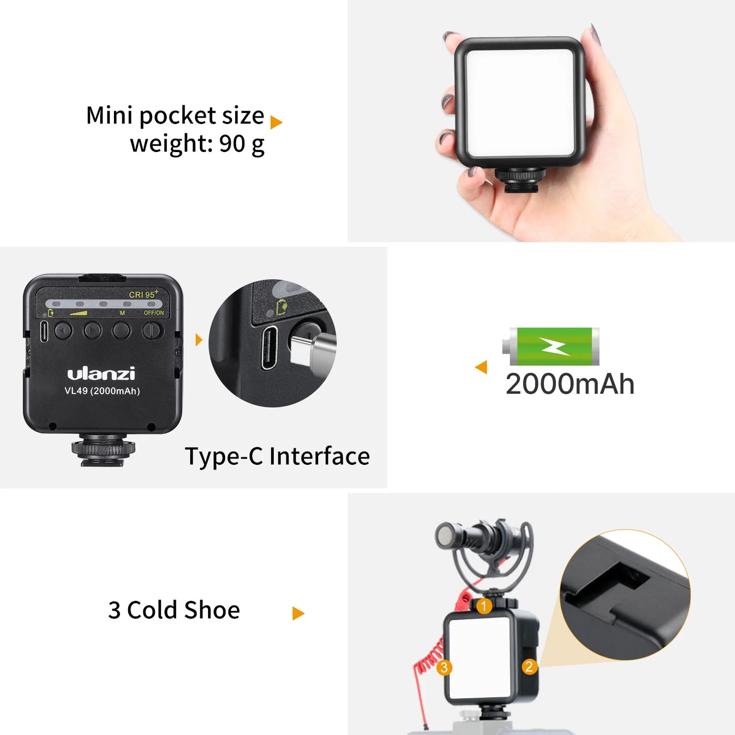 Mini Vlog LED Fill Light 6W 5500K Rechargeable 2000mAh Dimmable Phone Video Lighting