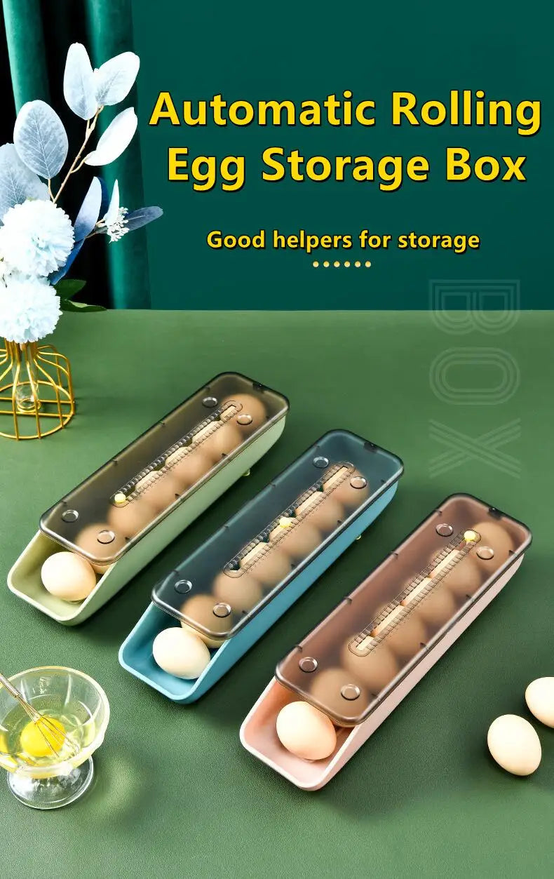 Automatic Rolling Egg Storage Box – Plastic Refrigerator Egg Holder Tray Kitchen Storage Container