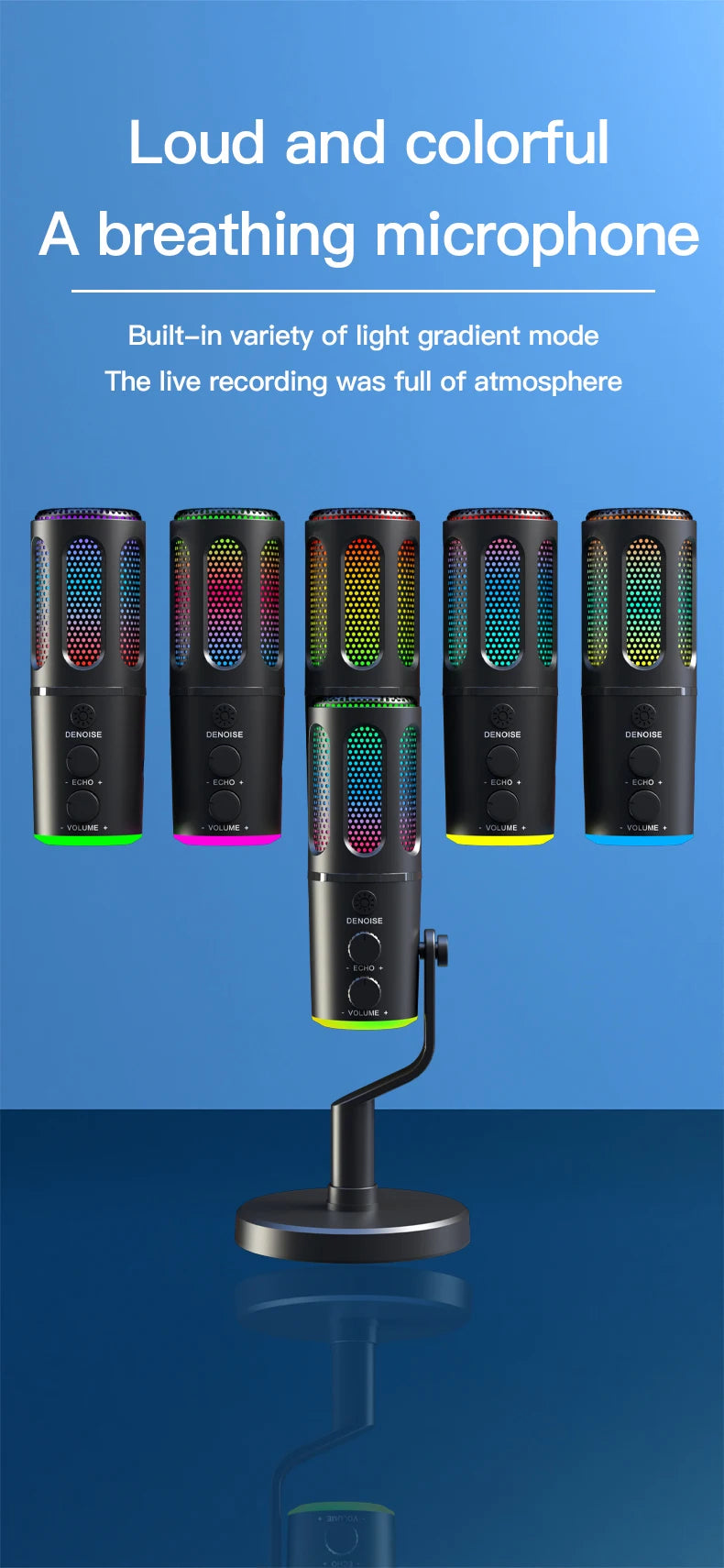 USB condenser microphone with RGB light, DSPnoise reduction, independent monitoring, used for media recording and live streaming