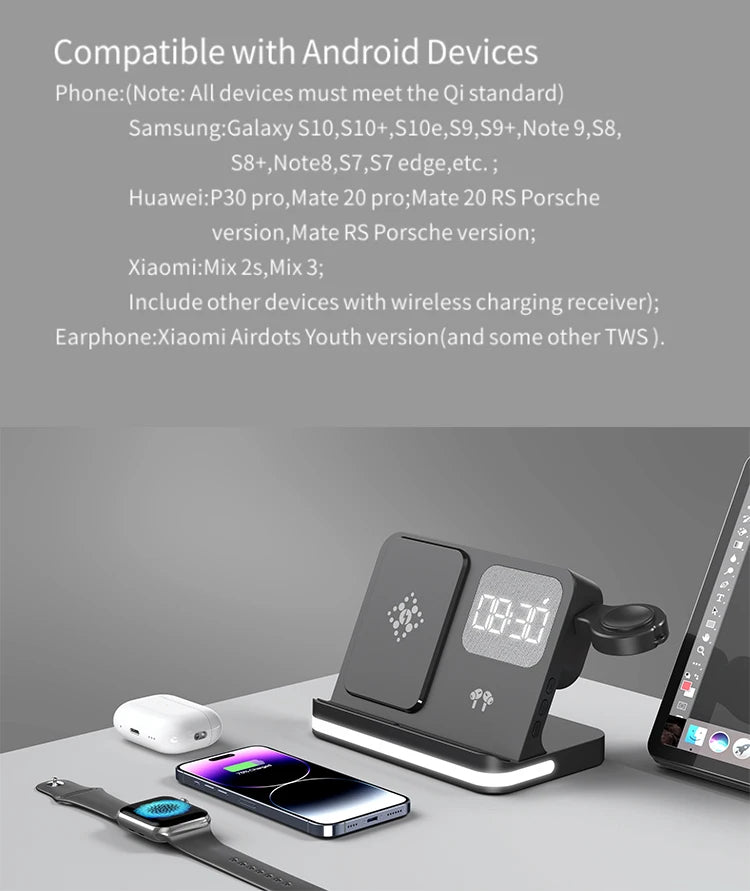 Clock, desktop, mobile phone, headphones, watch, wireless charger, both entertainment and charging not wrong