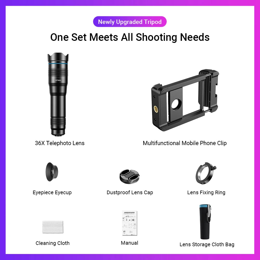 36X Smartphone Telephoto Monocular Lens with Universal Clip