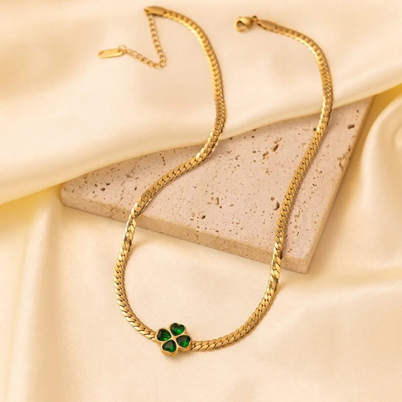 Trendy Green Clover Zircon Necklace Bracelet Earrings For Women Girls Gold Plated Waterproof Neck Chain 45 cm