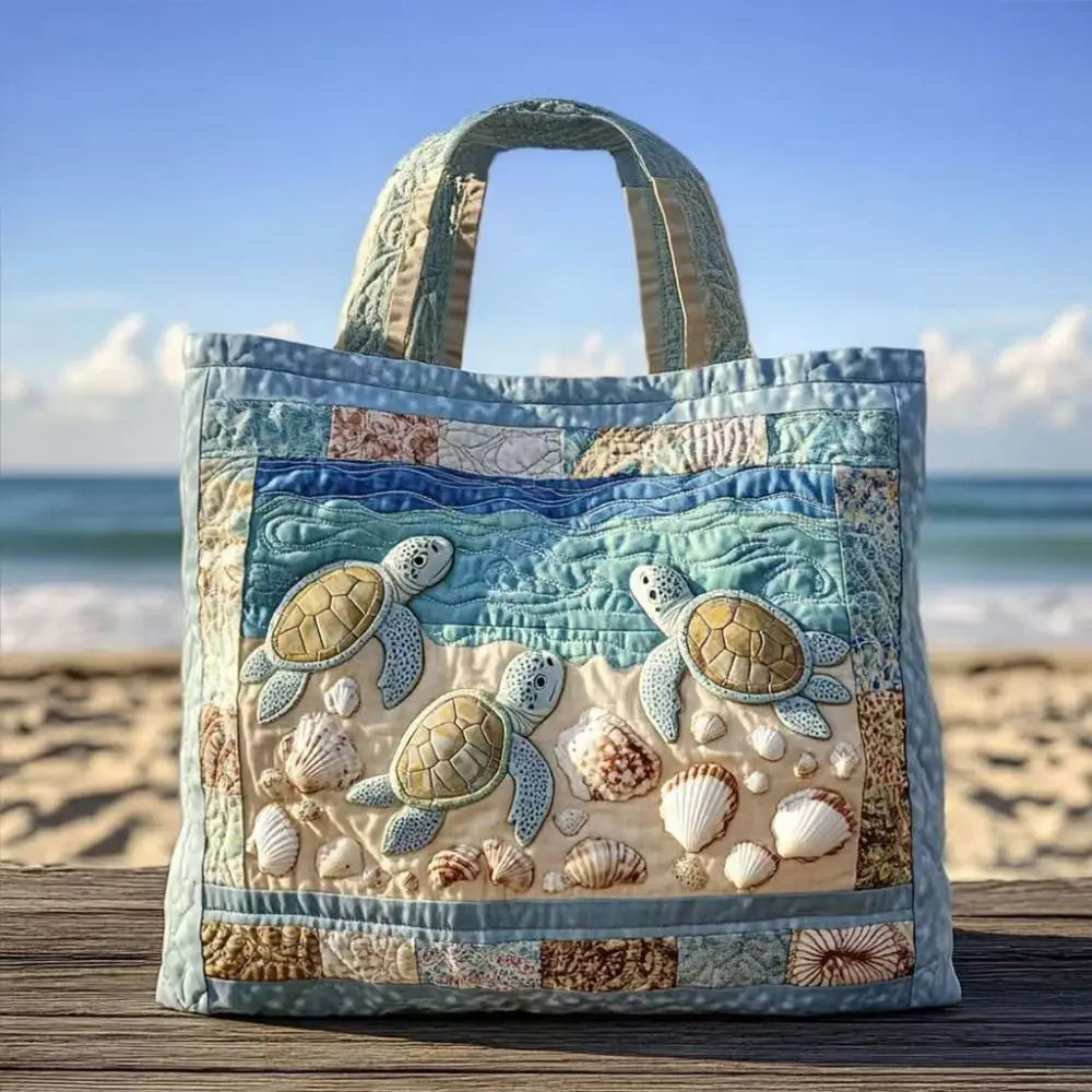 Turtle Print Quilted Canvas Tote Bag Large Capacity Shoulder Handbag