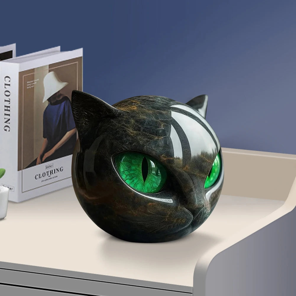 Green Eyes Cat Head Sculpture 3D Resin Healing Stone Marble Texture Cats Figurines Sculpture Gifts for Cat Lovers Women Men