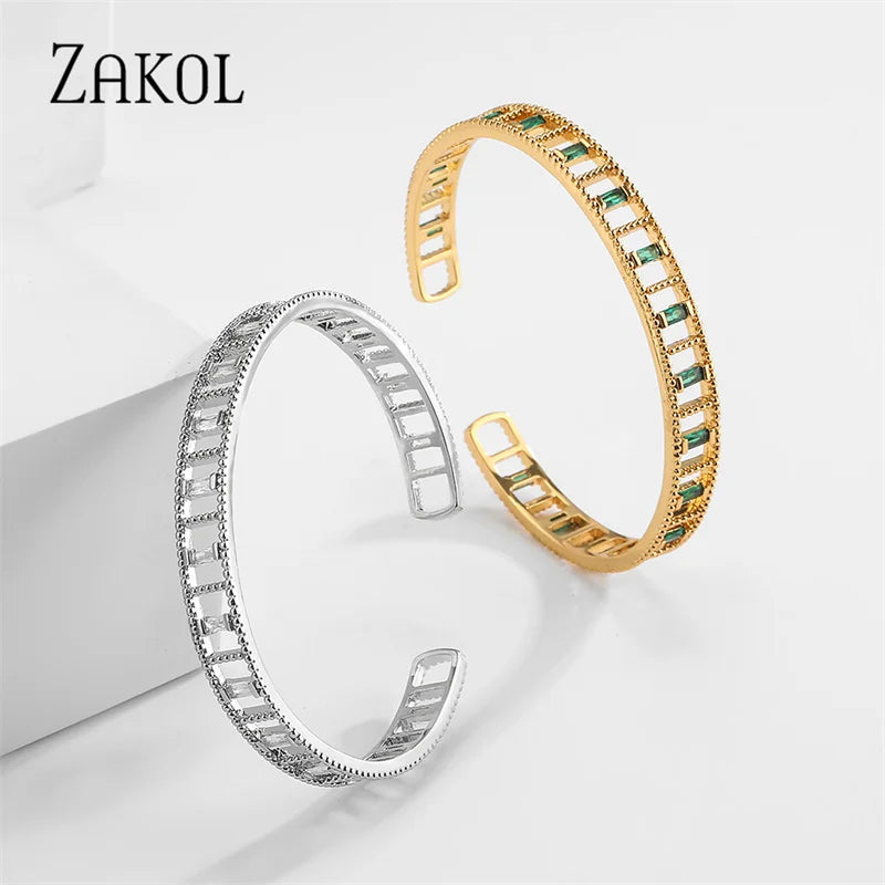 Green Rectangle Hollow Cubic Zirconia Cuff Bangles Bracelet