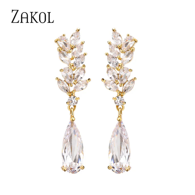 White Zircon Leaf Dangle Earrings for Women Shinny Water Drop Crystal Flower Pendant Earring