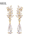 White Zircon Leaf Dangle Earrings for Women Shinny Water Drop Crystal Flower Pendant Earring